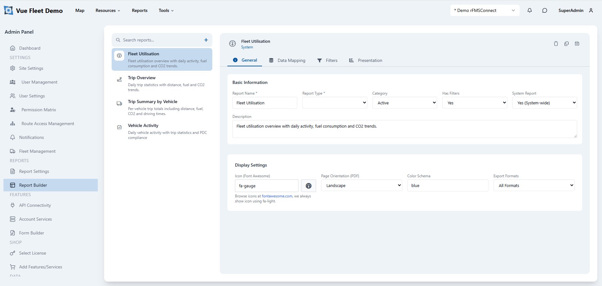 Admin panel and report builder