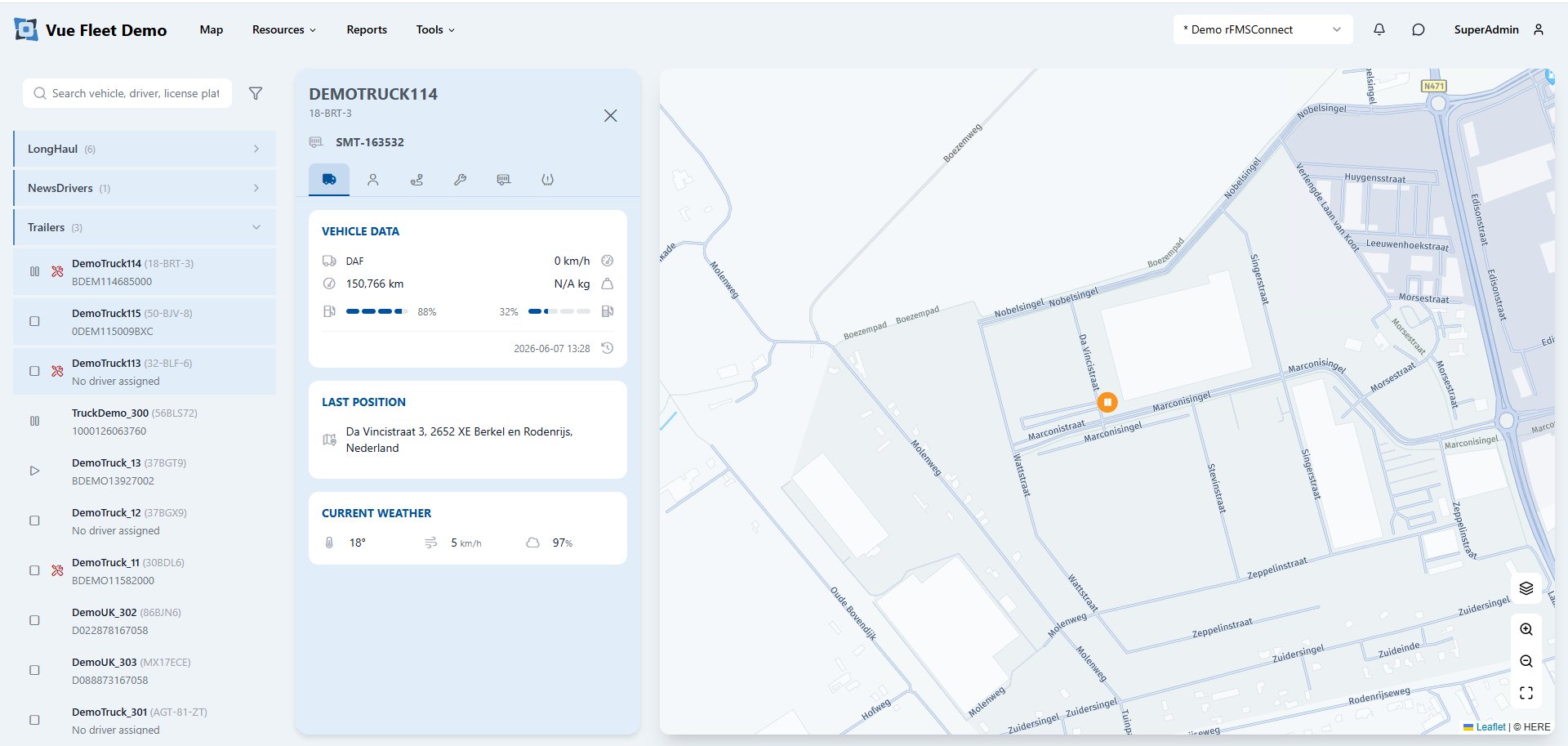 rfmsConnect live fleet map and statistics dashboard